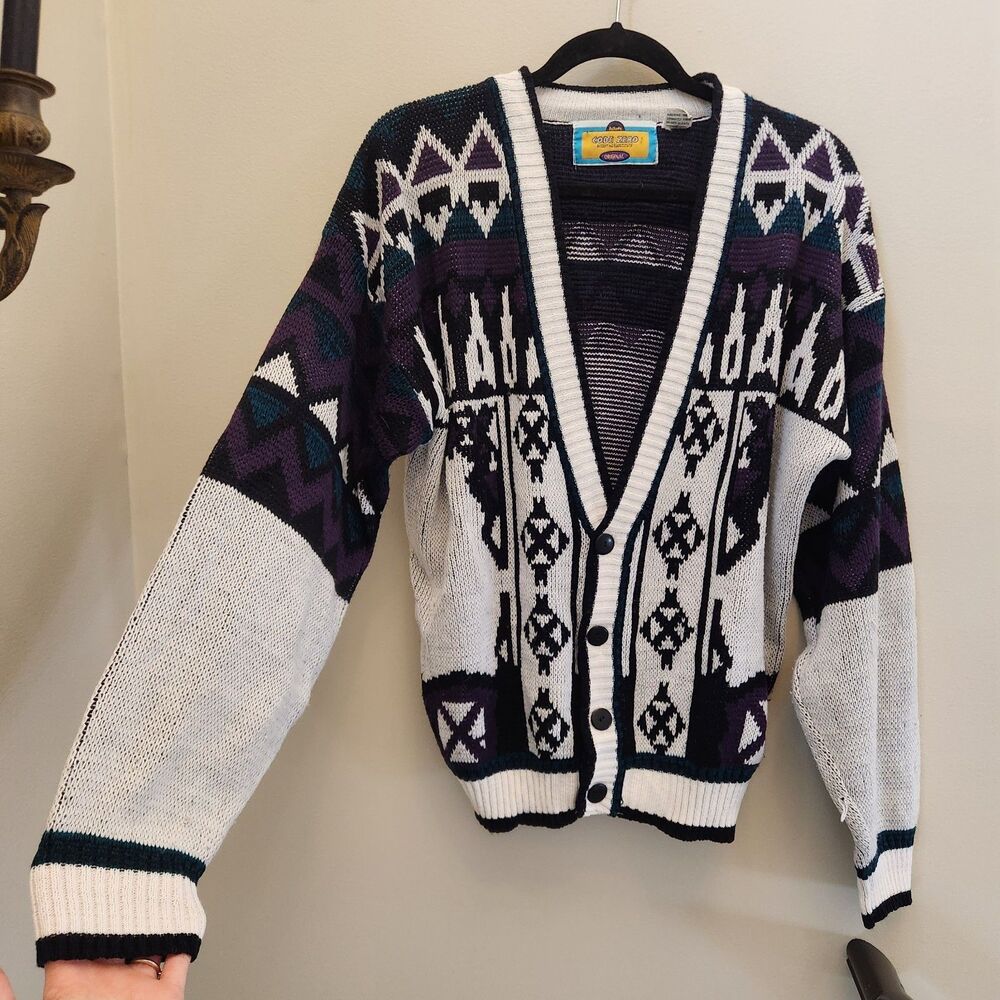Vtg 90s Code Zero V-Neck Cardigan Sweater Knit Geometric Nordic Grandpacore Sz L